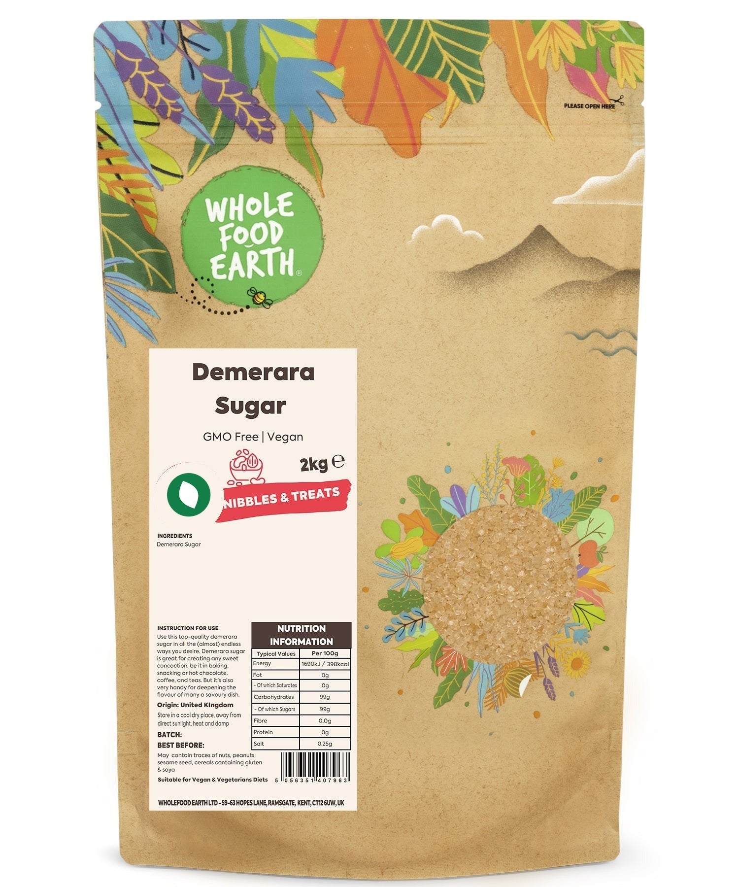 Whole Food Earth Demerara Sugar in a bag, showing golden, coarse sugar crystals, GMO-free and vegan-friendly sweetener.