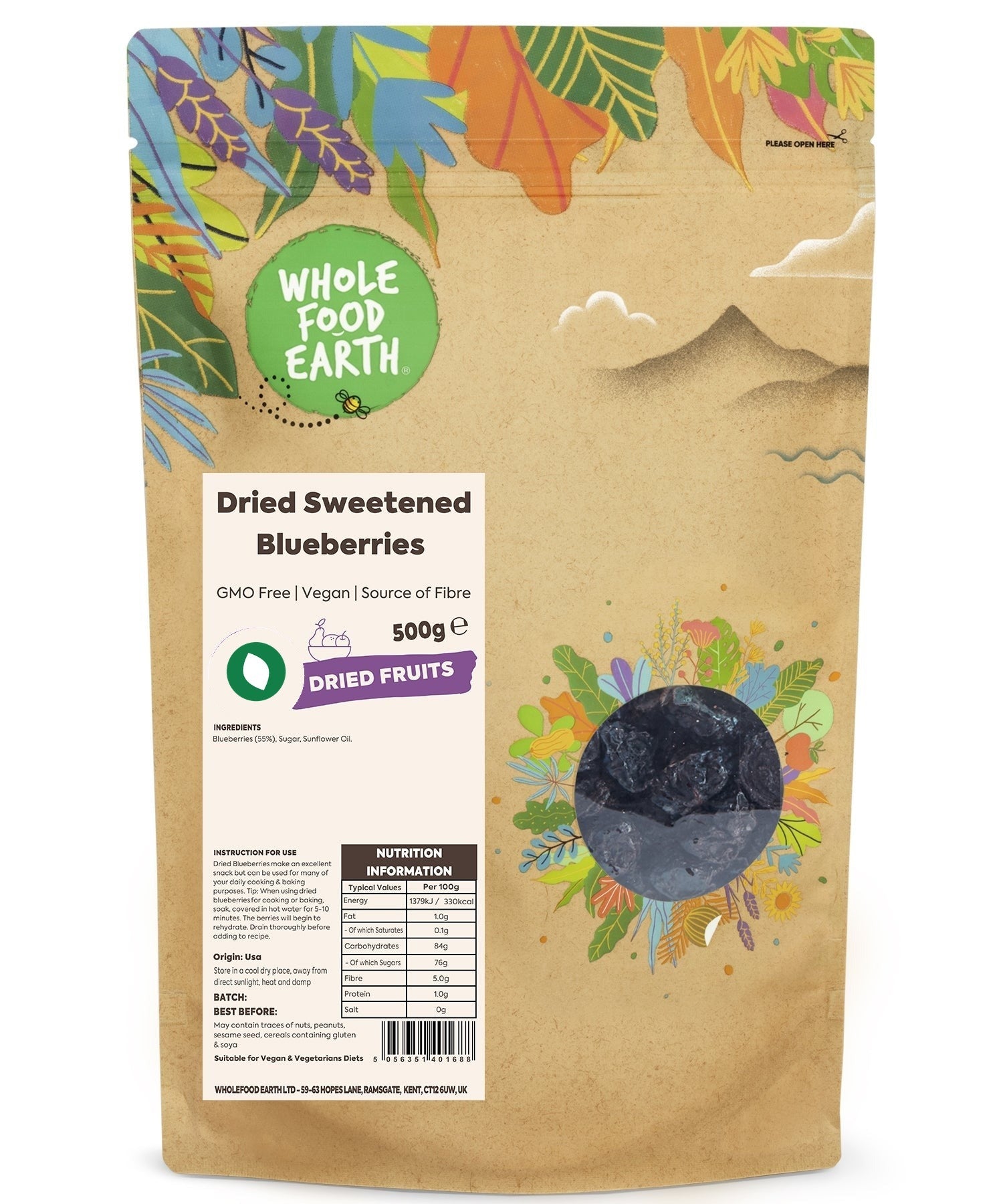 Dried sweetened blueberries from Whole Food Earth, GMO-free vegan dried fruit with vibrant blue color and textured surface.