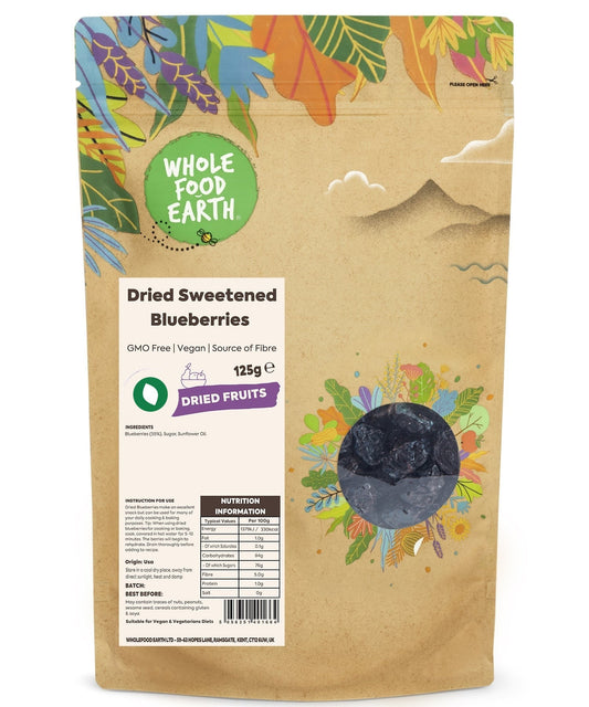 Dried sweetened blueberries from ArtisanBox, GMO-free and vegan, shown as whole dried berries on a natural background.