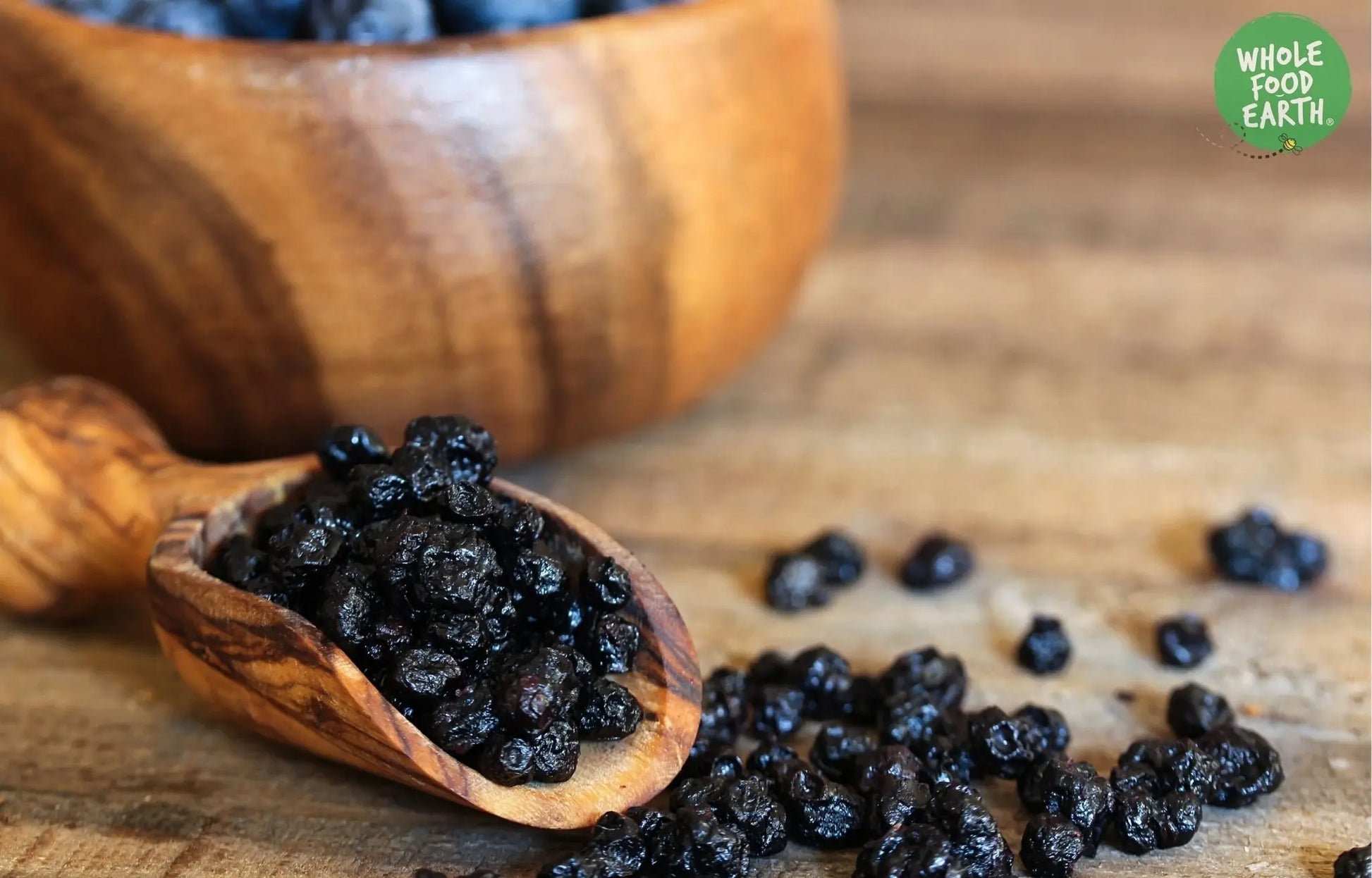 Dried sweetened blueberries from Whole Food Earth, GMO-free, vegan, and dairy-free dried fruit snack.