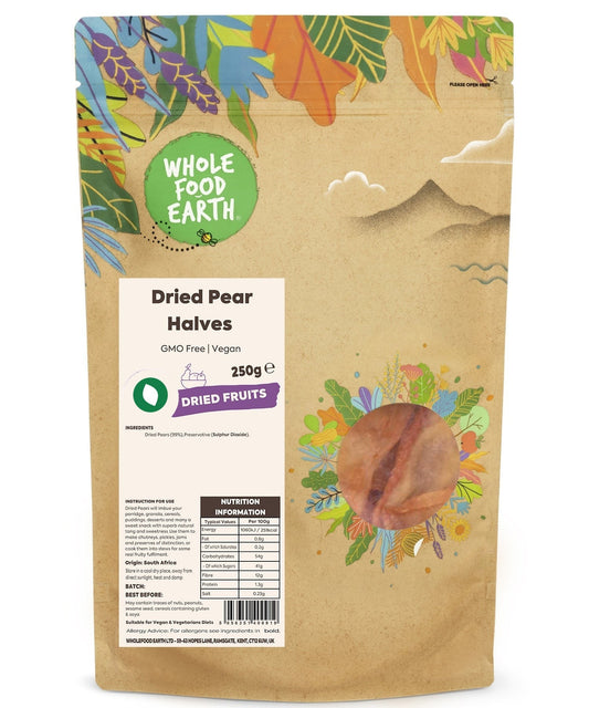 Dried pear halves from ArtisanBox, natural and GMO-free wholefood snack with whole, sliced dried pears.