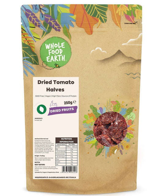 Whole Food Earth sun dried tomato halves, GMO-free dried fruits, natural and vibrant for cooking or snacking