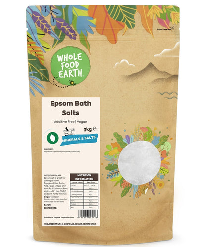 Unrefined Epsom Bath Salts from Whole Food Earth, mineral salts in a clear container for relaxing bath use