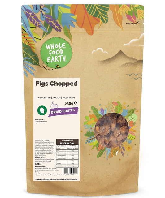 Chopped dried figs from Whole Food Earth, GMO-free and vegan, shown in close-up with rich texture and natural appearance.