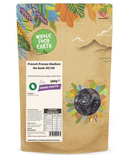 Dried French prunes from Whole Food Earth, medium size no soak, shown in a close-up image highlighting their texture and color.
