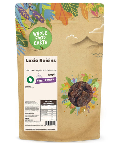 Whole Food Earth Lexia Raisins, dried fruits in a clear container, showcasing plump, golden raisins ready to enjoy.