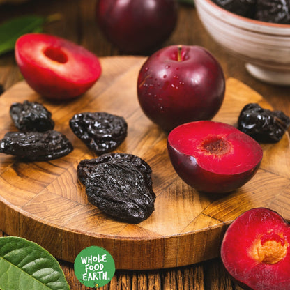 Dried French Prunes from Whole Food Earth, medium size, GMO-free, vegan, no added sugar, natural and dairy-free dried fruit.
