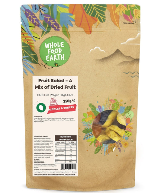 Assorted dried fruit mix from Whole Food Earth, featuring GMO-free, vegan-friendly dried fruits in a colorful assortment.