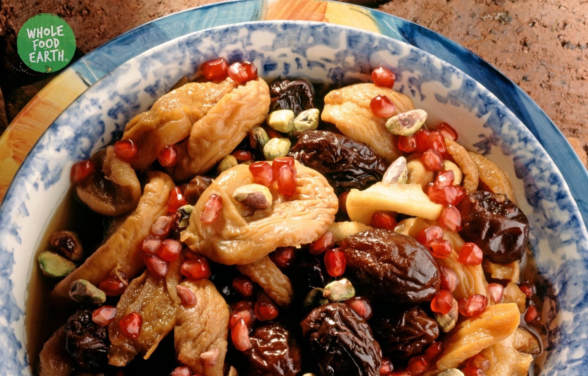 Mixed dried fruit salad from Whole Food Earth featuring GMO-free, vegan, dairy-free dried fruits in a colorful assortment.