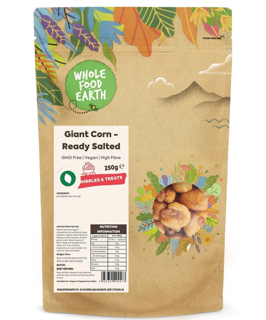 Whole Food Earth Giant Corn ready salted, GMO-free specialty snack with large, seasoned corn kernels on the cob.