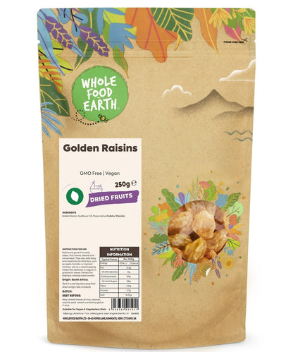 Golden raisins from Whole Food Earth, GMO-free dried fruits with plump, glossy golden raisins for snacking or baking.