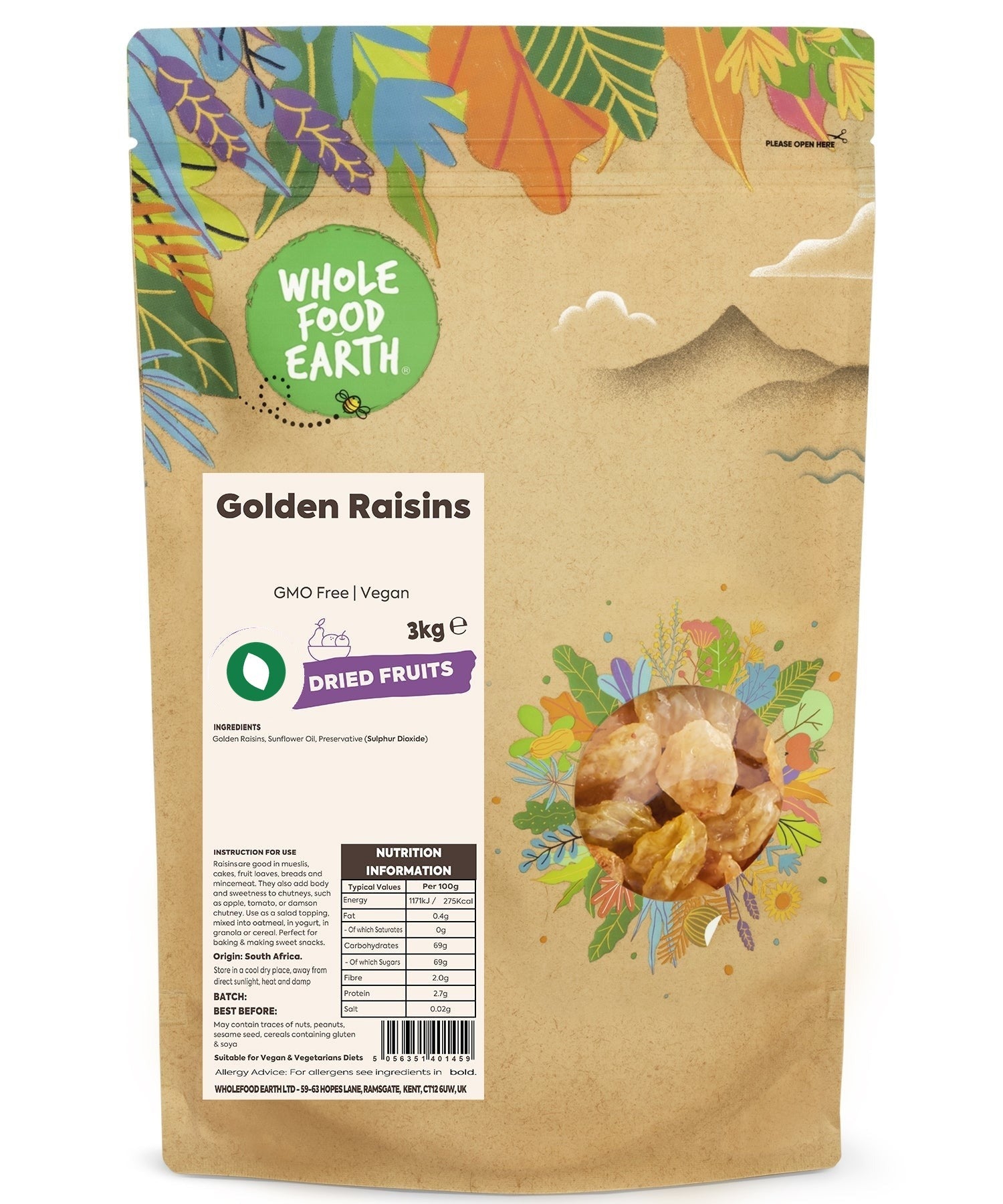 Golden raisins from Whole Food Earth, GMO-free dried fruits, showing plump, golden dried grapes in a natural close-up image.