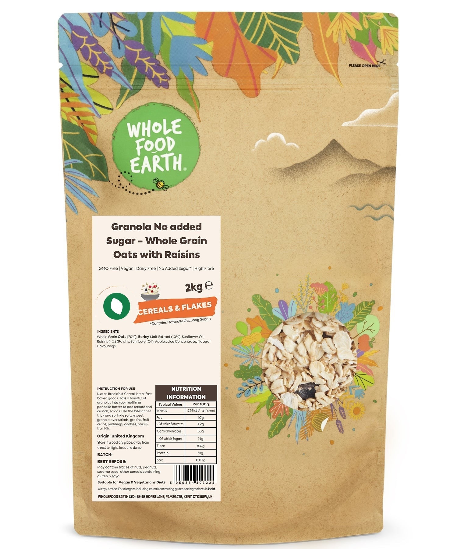 Whole Food Earth No Added Sugar Granola cereal in a bowl, GMO-free, natural breakfast option with crunchy oats and nuts