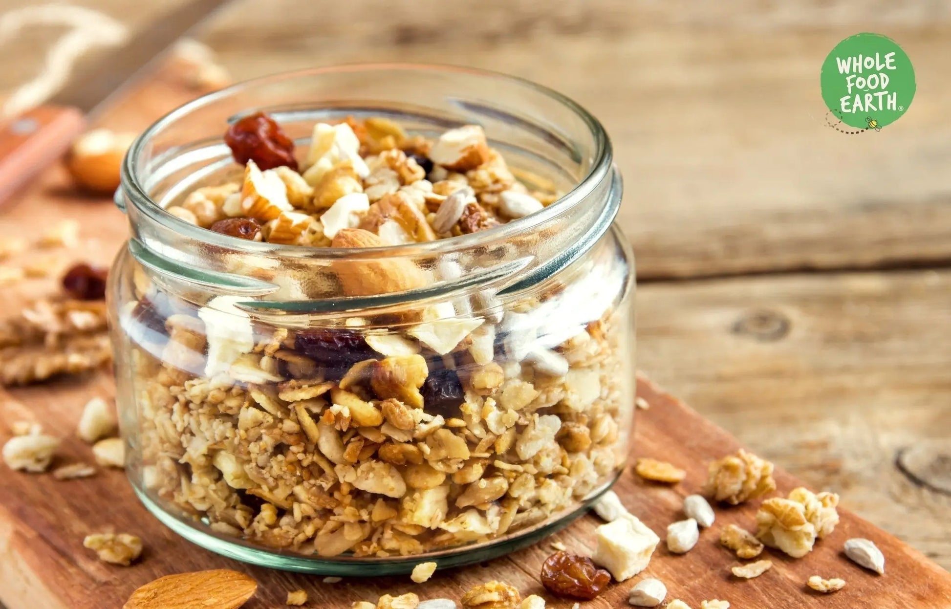 Whole Food Earth No Added Sugar Granola cereal in a bowl, showing clusters of crunchy, GMO-free, vegan, and dairy-free granola.