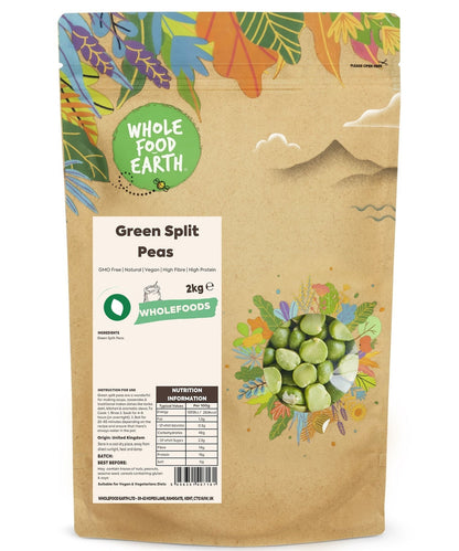 Whole Food Earth green split peas, GMO-free beans and pulses in a natural, fresh appearance.