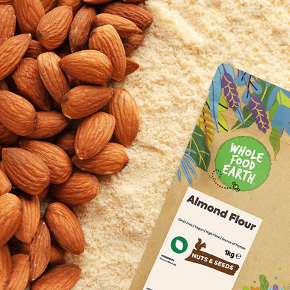 Ground almond flour from Whole Food Earth, gluten-free, vegan-friendly, made from GMO-free almonds, suitable for baking and cooking.