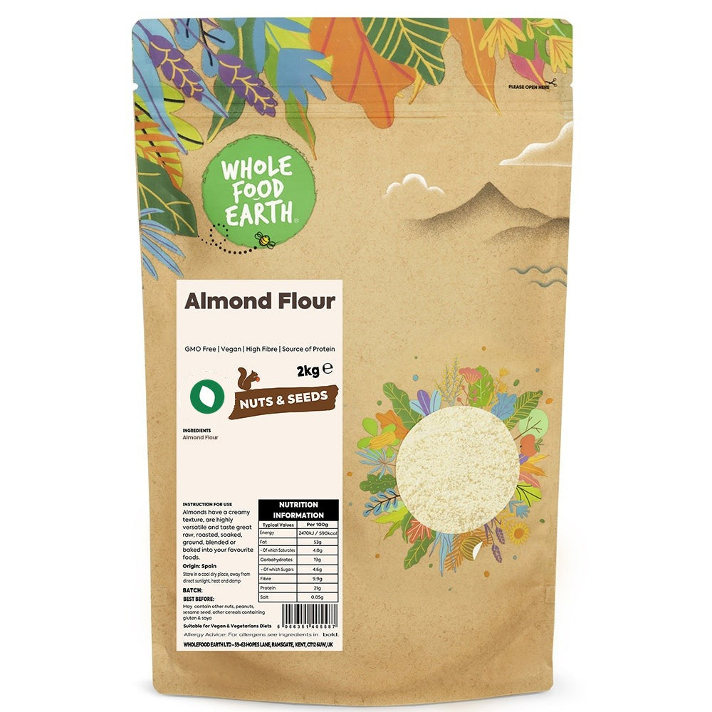 Ground almond flour from Whole Food Earth, vegan, GMO-free, made from finely ground almonds, ideal for baking and gluten-free recipes.