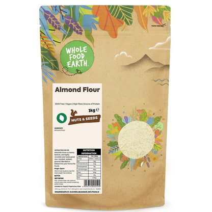 Ground almond flour from Whole Food Earth, made from GMO-free, vegan almonds, suitable for baking and gluten-free recipes.
