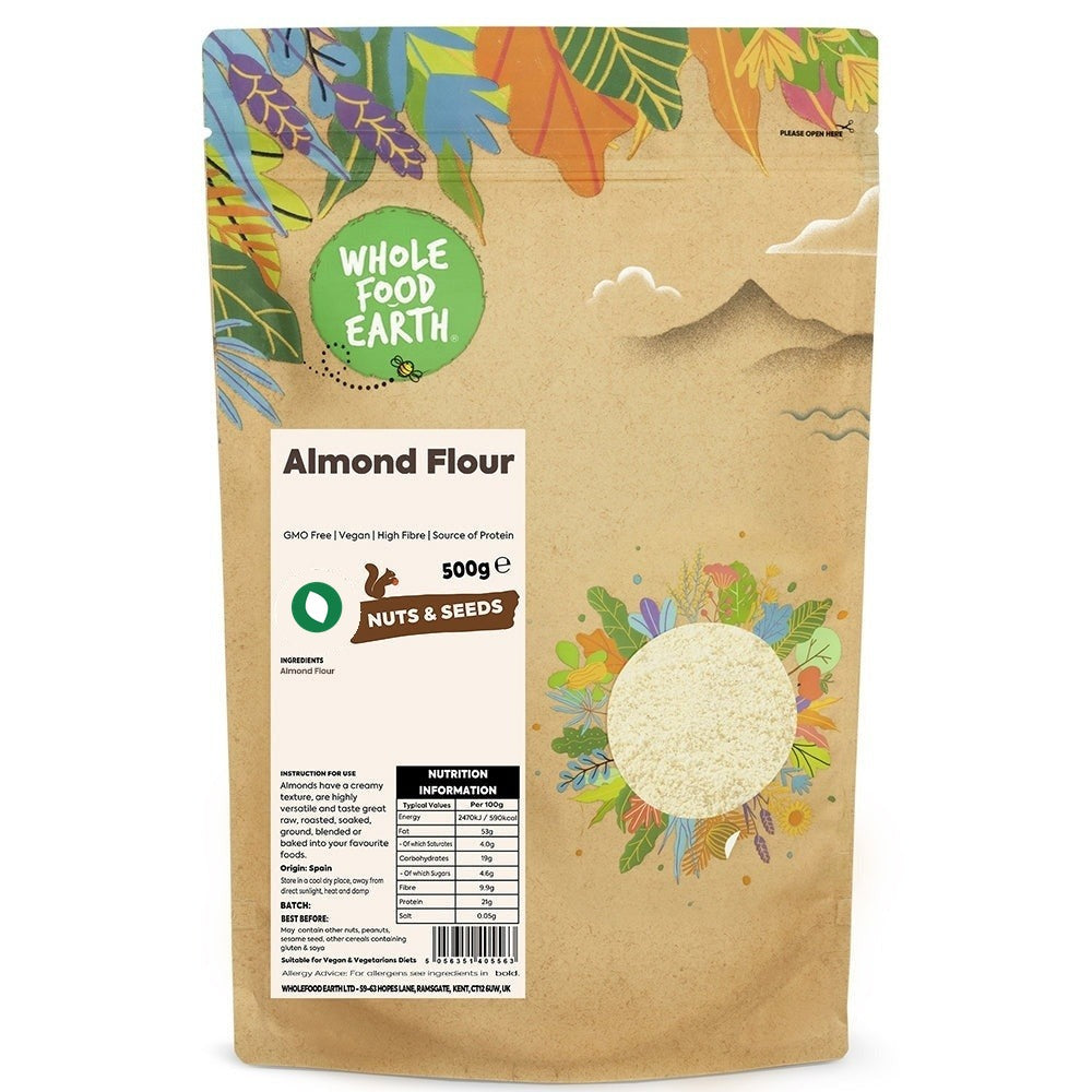 Ground almond flour from Whole Food Earth, gluten-free, vegan-friendly, made from GMO-free almonds, suitable for baking and cooking.