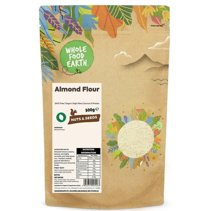 Ground almond flour from Whole Food Earth, gluten-free, vegan-friendly, made from GMO-free almonds, suitable for baking and cooking.