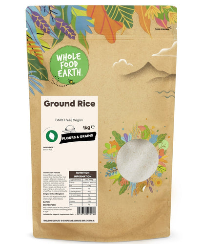 Ground rice from Whole Food Earth, GMO-free vegan flour and grain, shown in a close-up image with a natural light background.