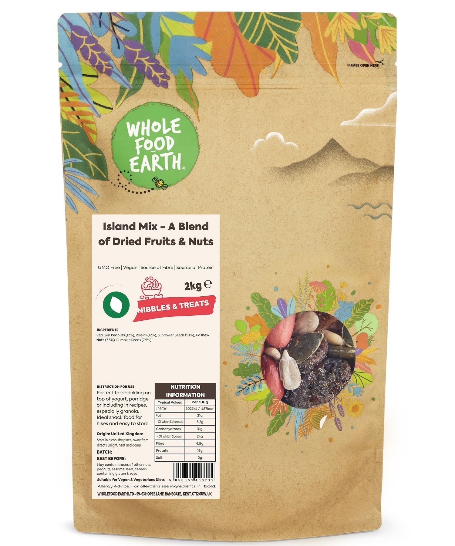 Whole Food Earth Island Mix with fruits and nuts, GMO-free, vegan, dairy-free, no added sugar, in a resealable bag.