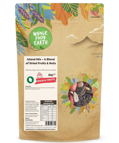 Mixed fruits and nuts in a container, Whole Food Earth Island Mix, GMO-free, vegan, dairy-free, no added sugar, specialty snack.