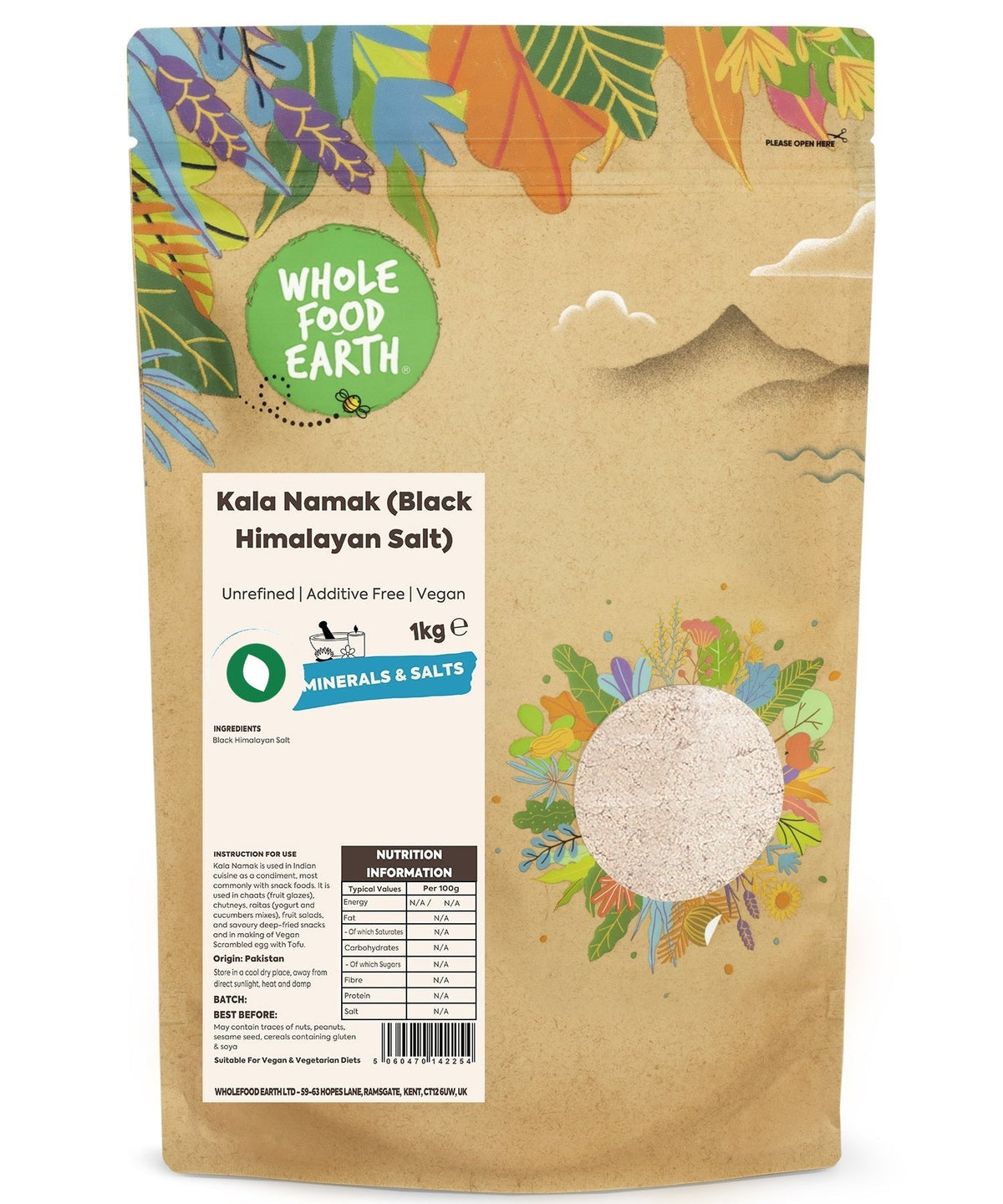 Unrefined Kala Namak black salt in a jar, highlighting its fine, dark mineral-rich crystals from Whole Food Earth.