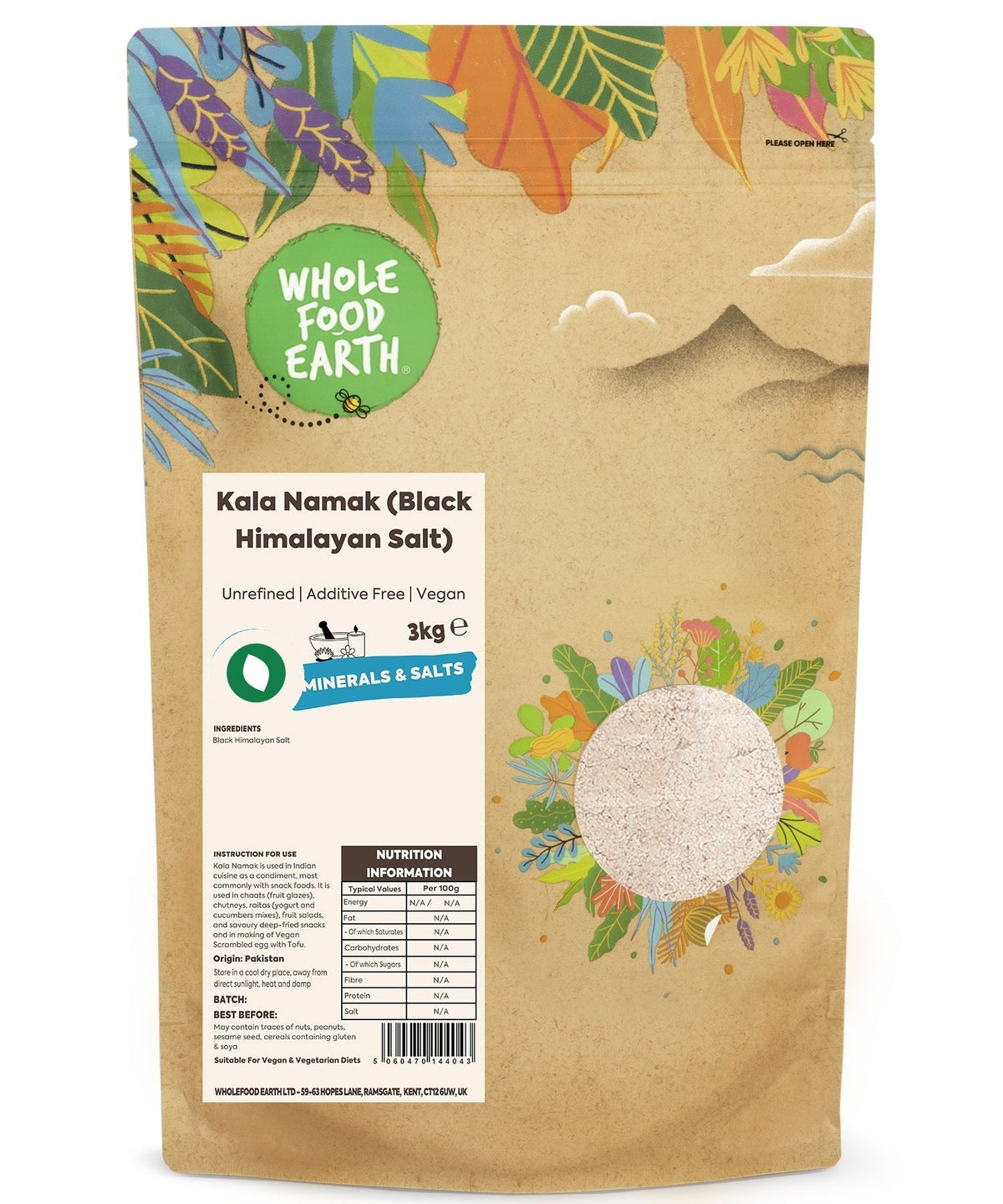 Fine black salt, Kala Namak, from Whole Food Earth, unrefined and additive-free, in a clear spice jar with a black lid.