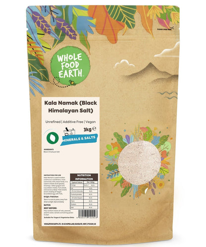 Fine black salt, Kala Namak, from Whole Food Earth, unrefined and additive-free, in a clear spice jar with a black lid.