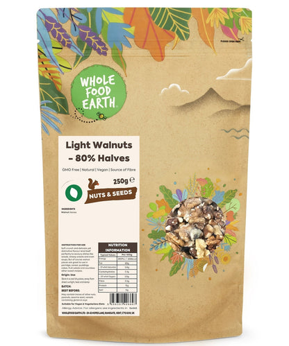 Light walnuts in 80% halves from Whole Food Earth, GMO-free nuts and seeds, shown in a close-up image.