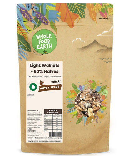 Light walnuts in 80% halves from Whole Food Earth, GMO-free, showing fresh, light-colored walnut halves in a clear bowl.