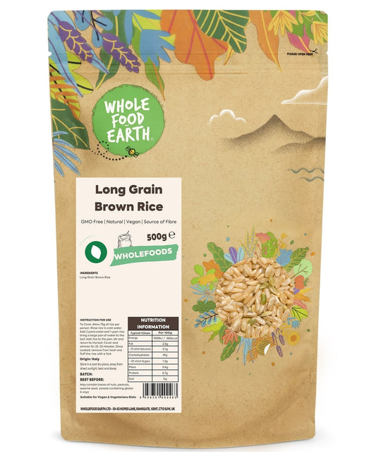 Whole Food Earth long grain brown rice, GMO-free, in a clear bag, showing the light brown grains suitable for healthy cooking.