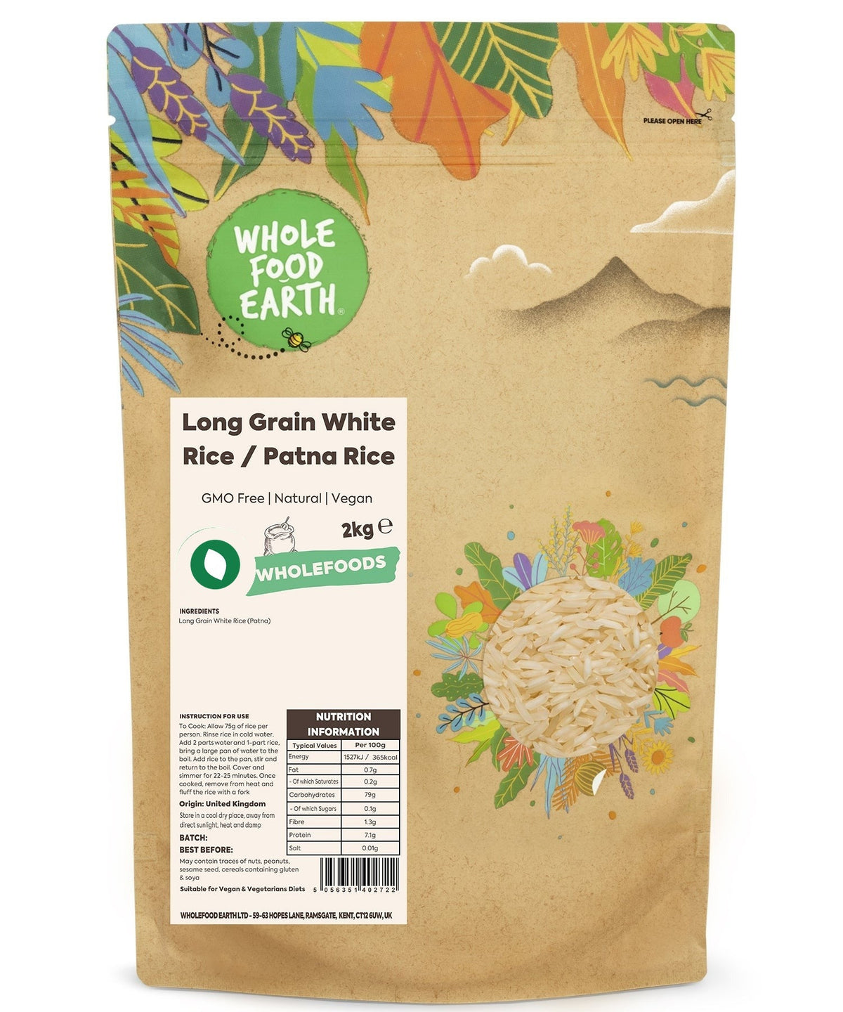 Whole Food Earth long grain white rice, Patna rice variety, showing uncooked white rice grains in a close-up image.