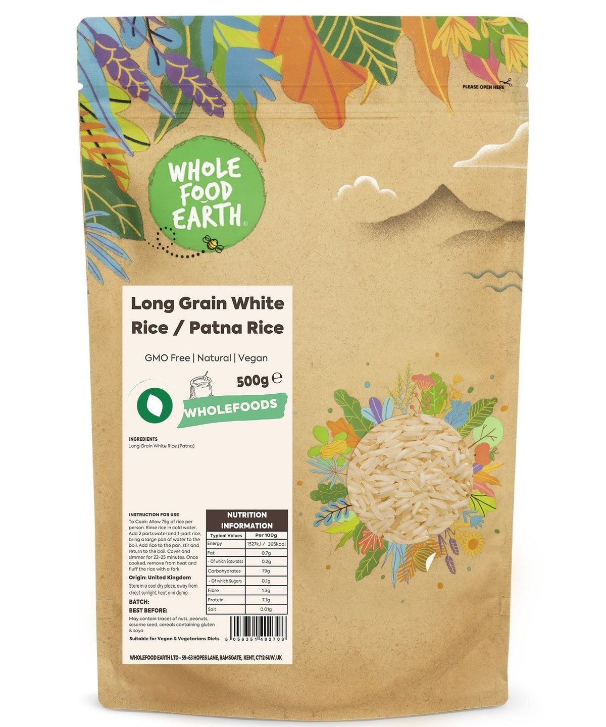 Whole Food Earth long grain white rice, Patna rice, in a clear bag, showing smooth, polished grains ideal for cooking.