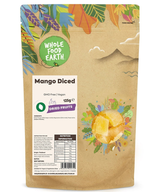 Diced mango from ArtisanBox, GMO-free, vegan-friendly whole food fruit in a clear container.