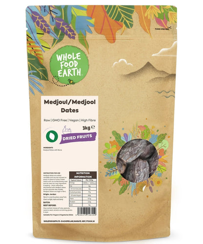 Whole Food Earth Medjoul dates, GMO-free dried fruits with glossy, plump, and naturally sweet appearance.
