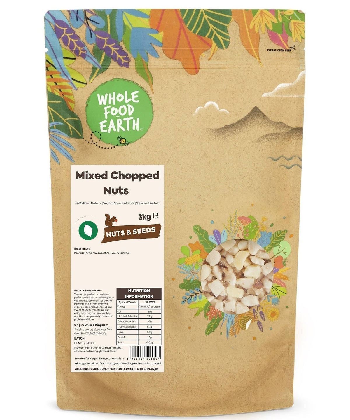 Mixed chopped nuts from Whole Food Earth, GMO-free and vegan, featuring a variety of crunchy, natural nuts and seeds.