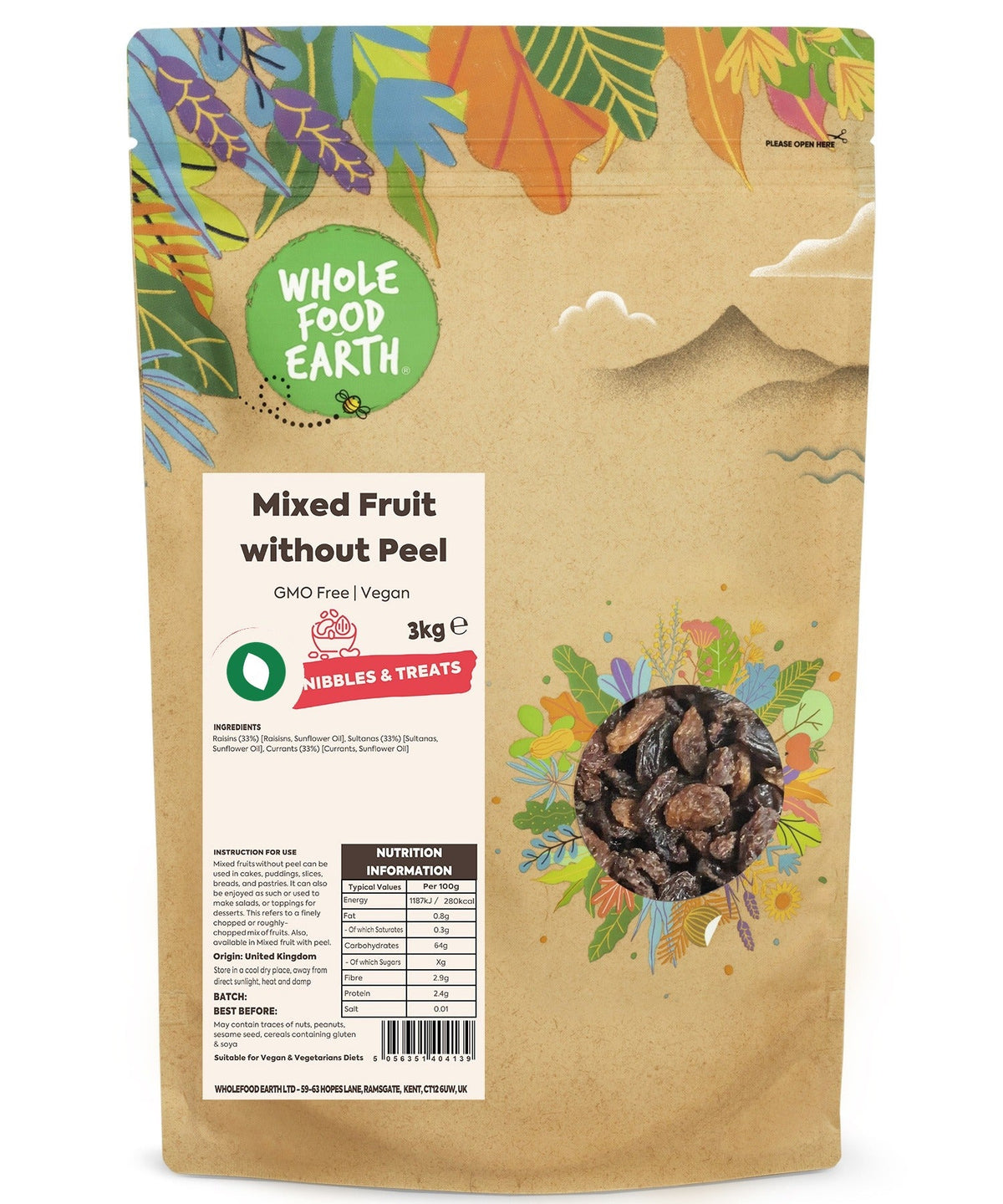 Dried mixed fruit without peel from Whole Food Earth, showing colorful pieces of GMO-free dried fruit on a white background.
