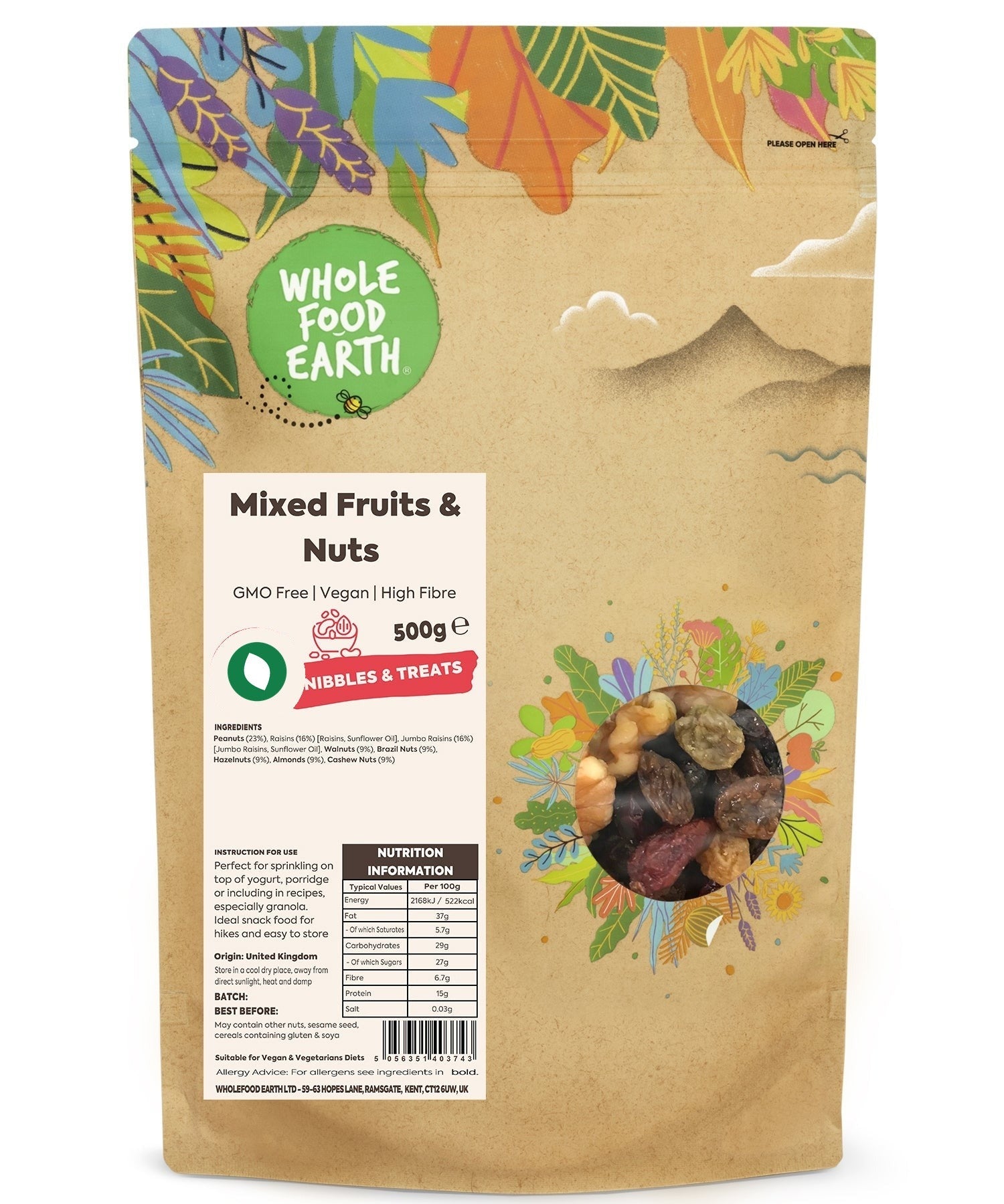 Whole Food Earth mixed fruits and nuts, GMO-free and vegan, displayed in a bowl with colorful dried fruits and crunchy nuts.