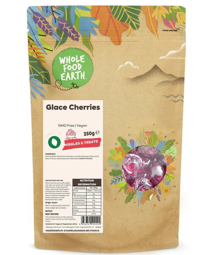 Dried glacé cherries from Whole Food Earth, natural-colored dried fruit with vibrant red cherries on a white background.