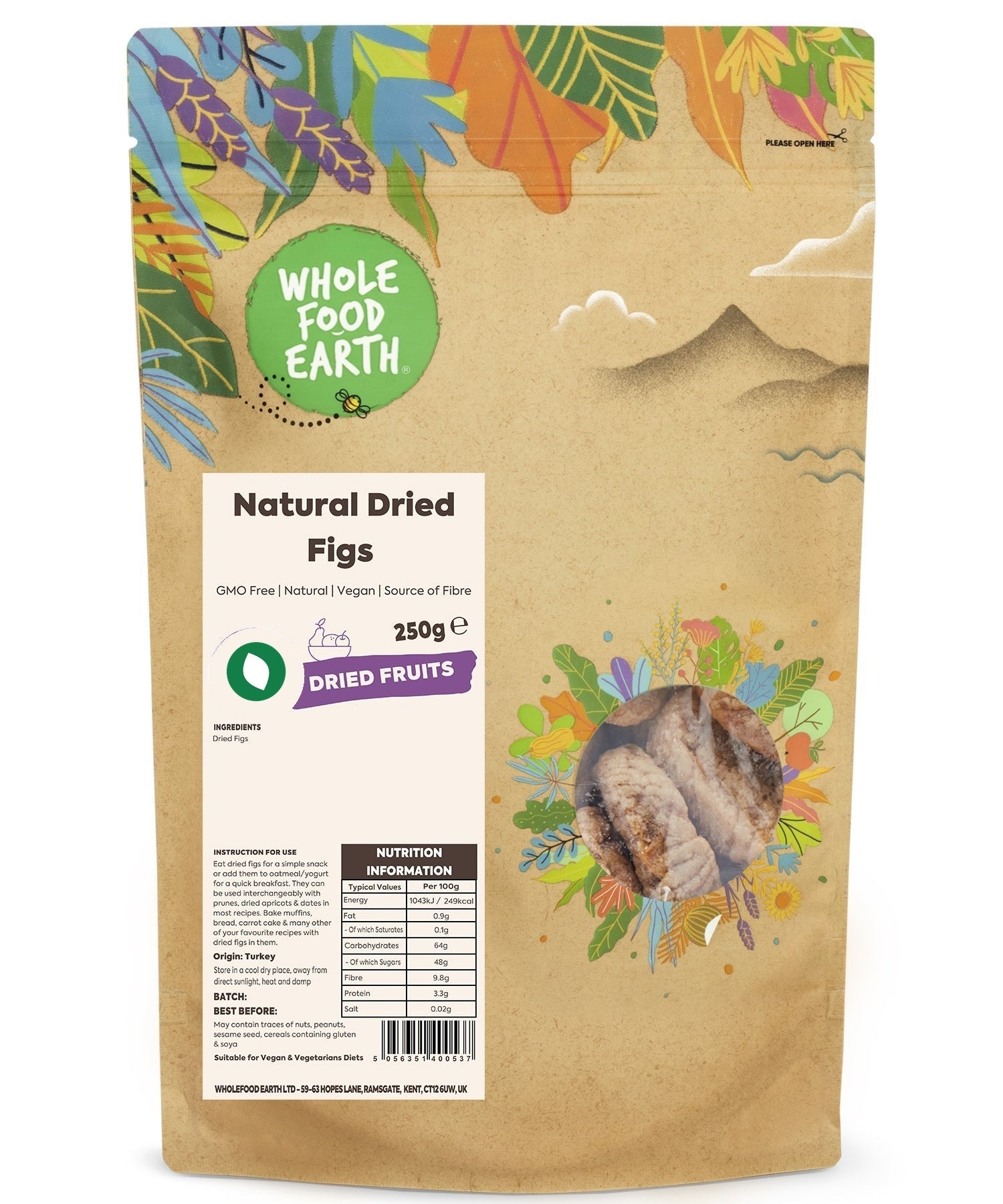 Whole Food Earth natural dried figs, GMO-free dried fruits with plump, golden-brown figs on a neutral background.