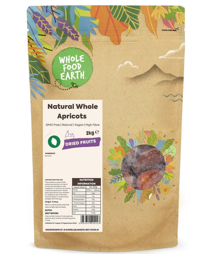 Dried natural whole apricots from Whole Food Earth, GMO-free dried fruit with vibrant orange color and textured surface.