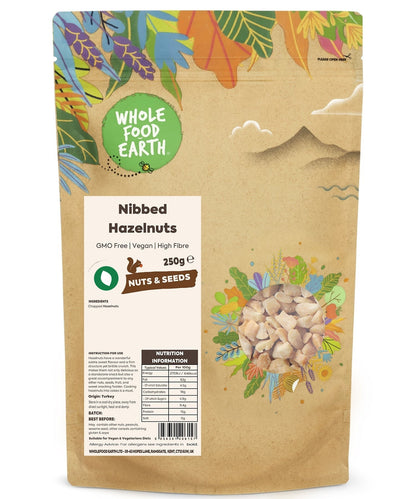 Nibbed hazelnuts from Whole Food Earth, GMO-free and vegan, shown in a close-up image highlighting their textured surface.