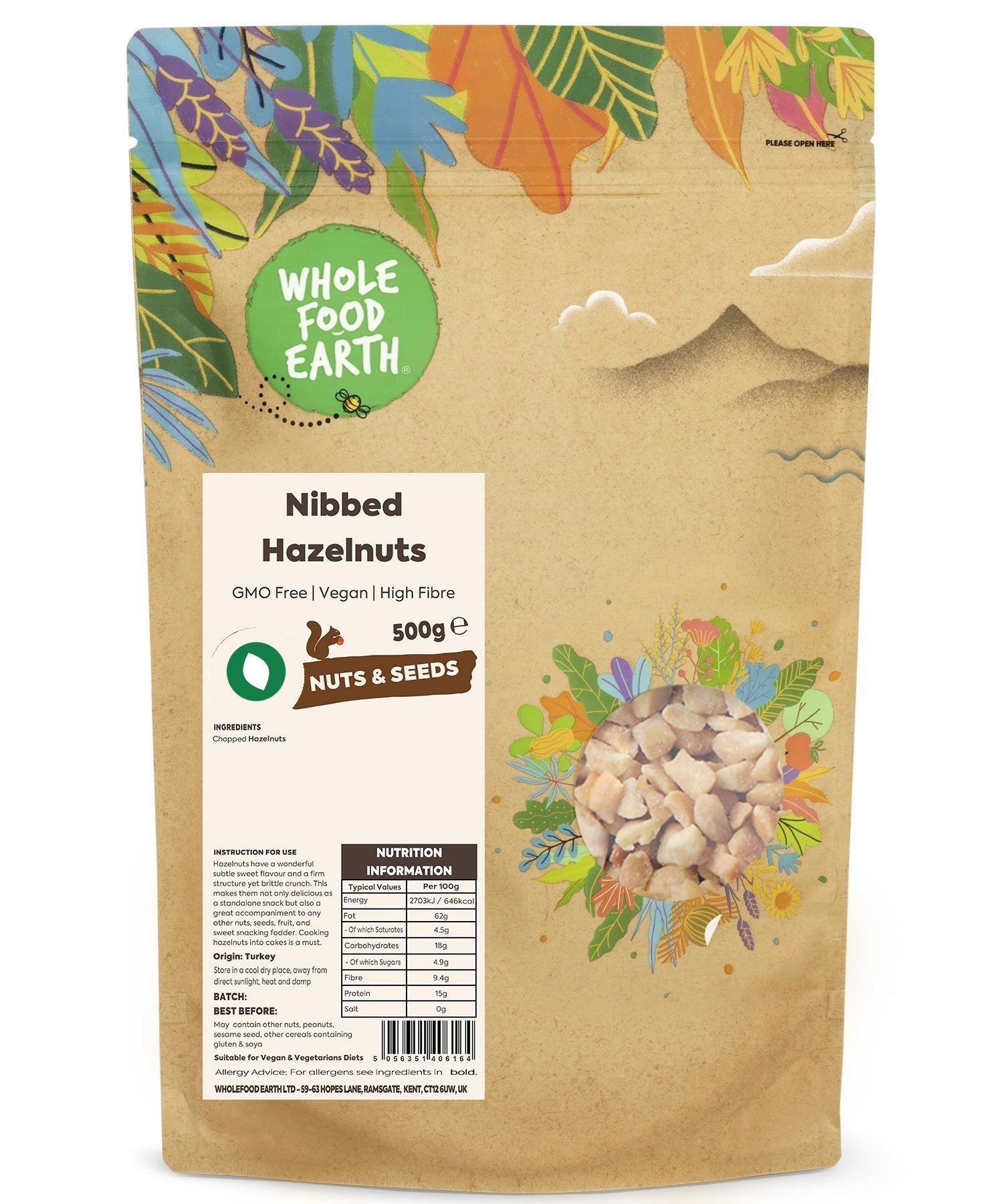 Nibbed hazel nuts from Whole Food Earth, GMO-free and vegan, shown in a close-up image of the nuts and seeds product.