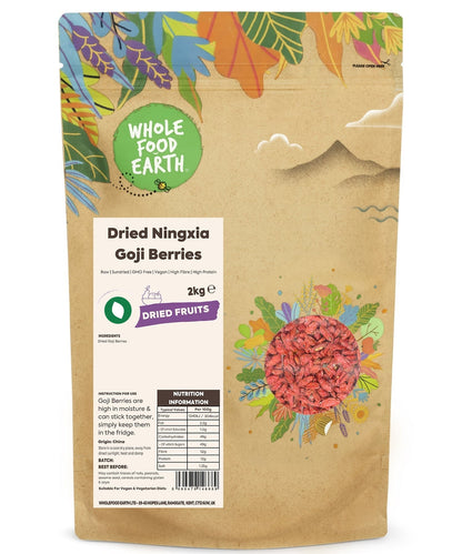Dried Goji Berries from Whole Food Earth, GMO-free raw dried fruits with vibrant red-orange color and natural texture.