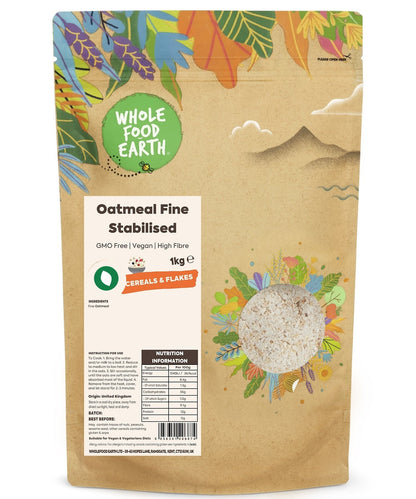 Fine stabilized oatmeal from Whole Food Earth, vegan, GMO-free cereal with a natural, wholesome appearance.