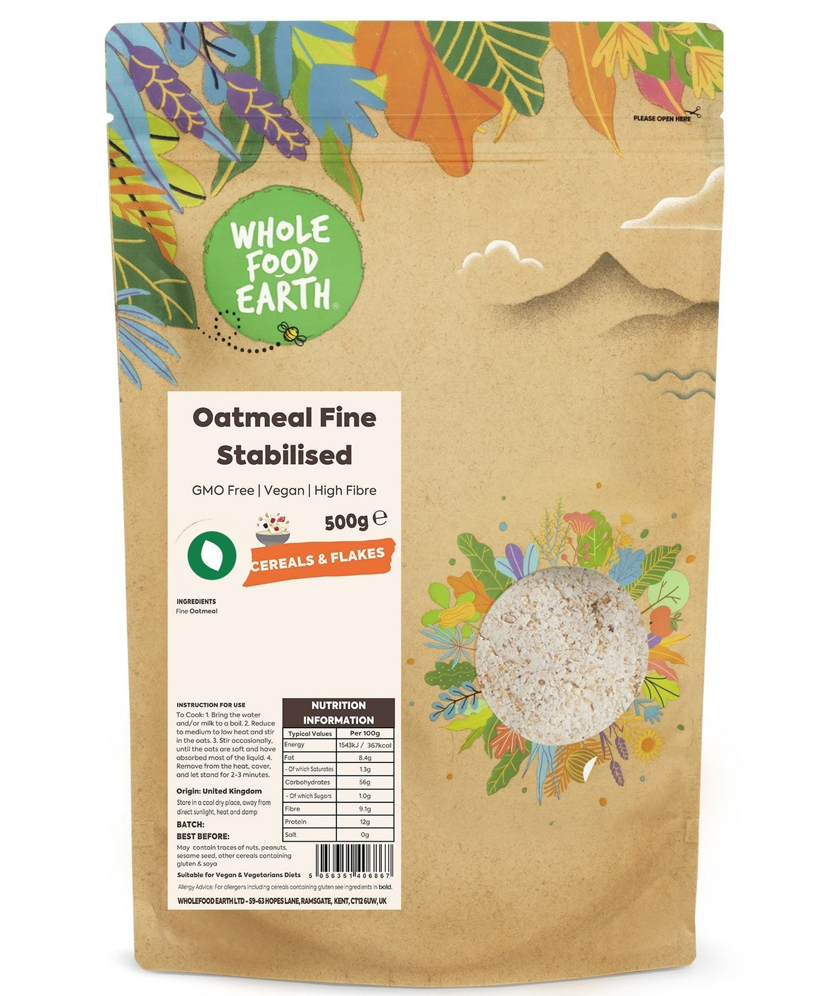 Fine stabilized oatmeal cereal by Whole Food Earth, featuring GMO-free and vegan ingredients in a close-up shot.
