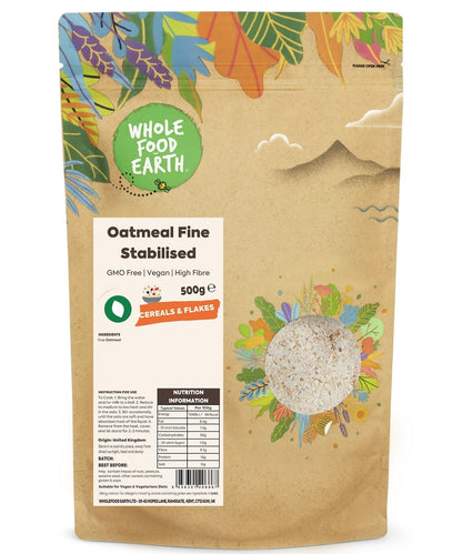 Fine stabilized oatmeal cereal by Whole Food Earth, featuring GMO-free and vegan ingredients in a close-up shot.