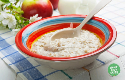 Fine stabilized oatmeal from Whole Food Earth, vegan, dairy-free cereal with no added sugar and non-GMO ingredients.